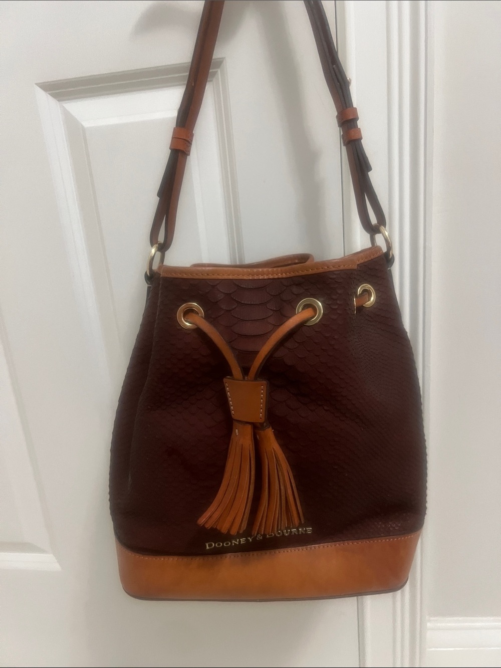 Dooney & Bourke Bag Python Embossed Leather Drawstring Saddle Brown Retail $348